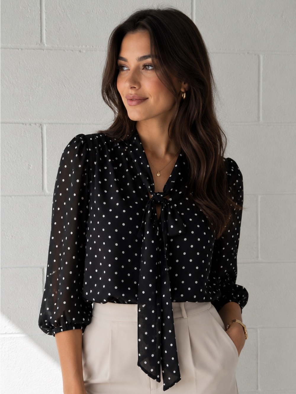 Avenue Black and White Polka Dot Tie-Neck Blouse